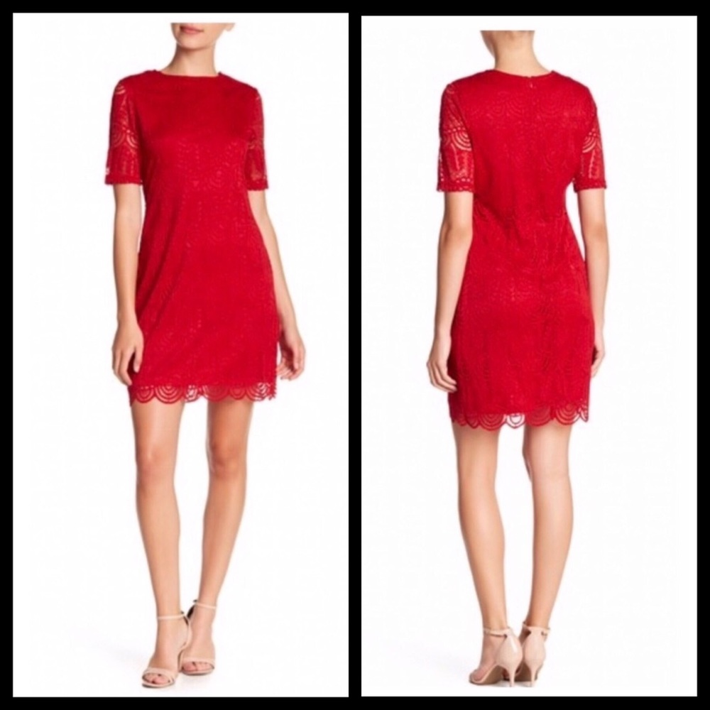 SHARAGANO RED LACE SHORT SLEEVE SHEATH DRESS - Picture 1 of 7